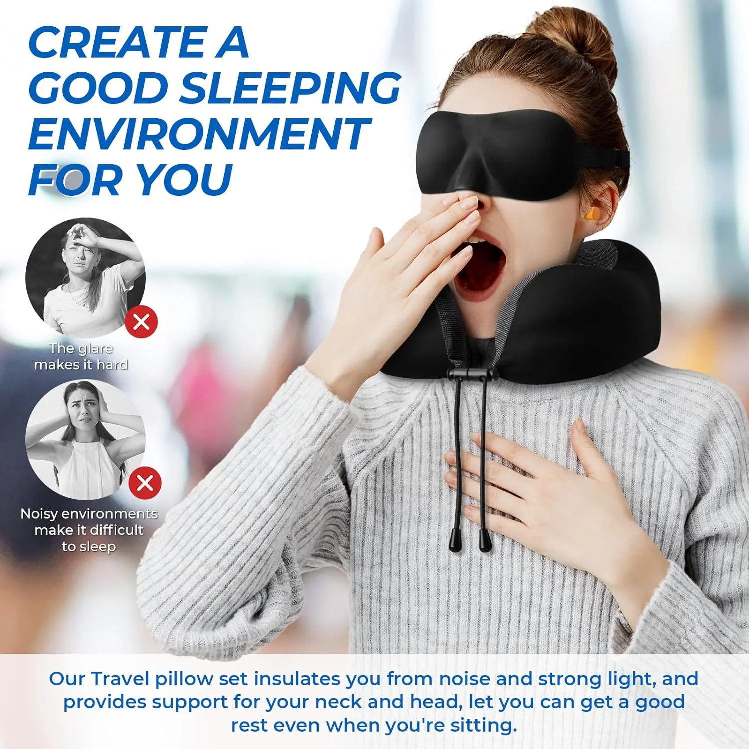 Travel Pillow, Travel Pillows for Sleeping Airplane, Removable Cover Neck Pillow with Adjustable Clasp, Memory Foam Neck Pillow Set with Eye Mask, Earplugs and Storage Bag (Black)