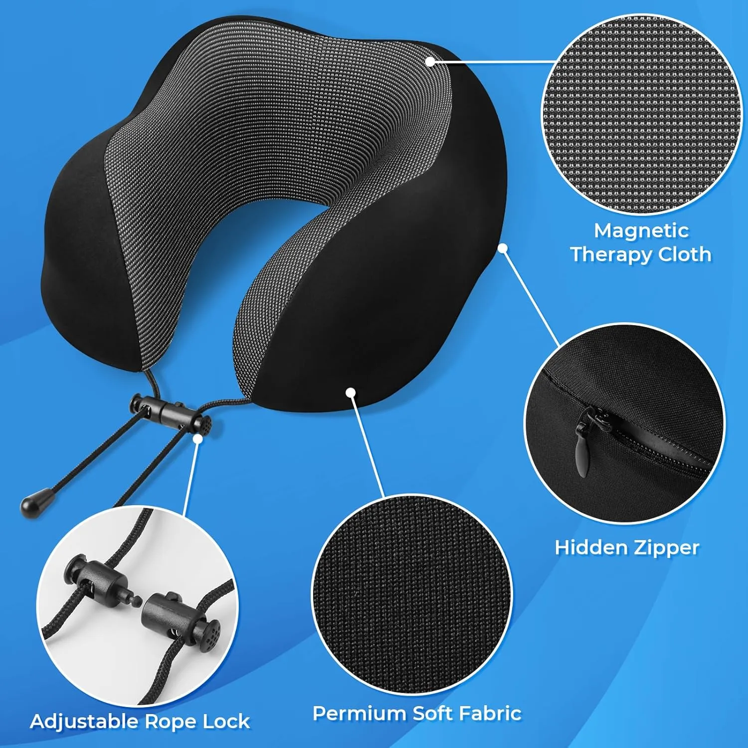 Travel Pillow, Travel Pillows for Sleeping Airplane, Removable Cover Neck Pillow with Adjustable Clasp, Memory Foam Neck Pillow Set with Eye Mask, Earplugs and Storage Bag (Black)