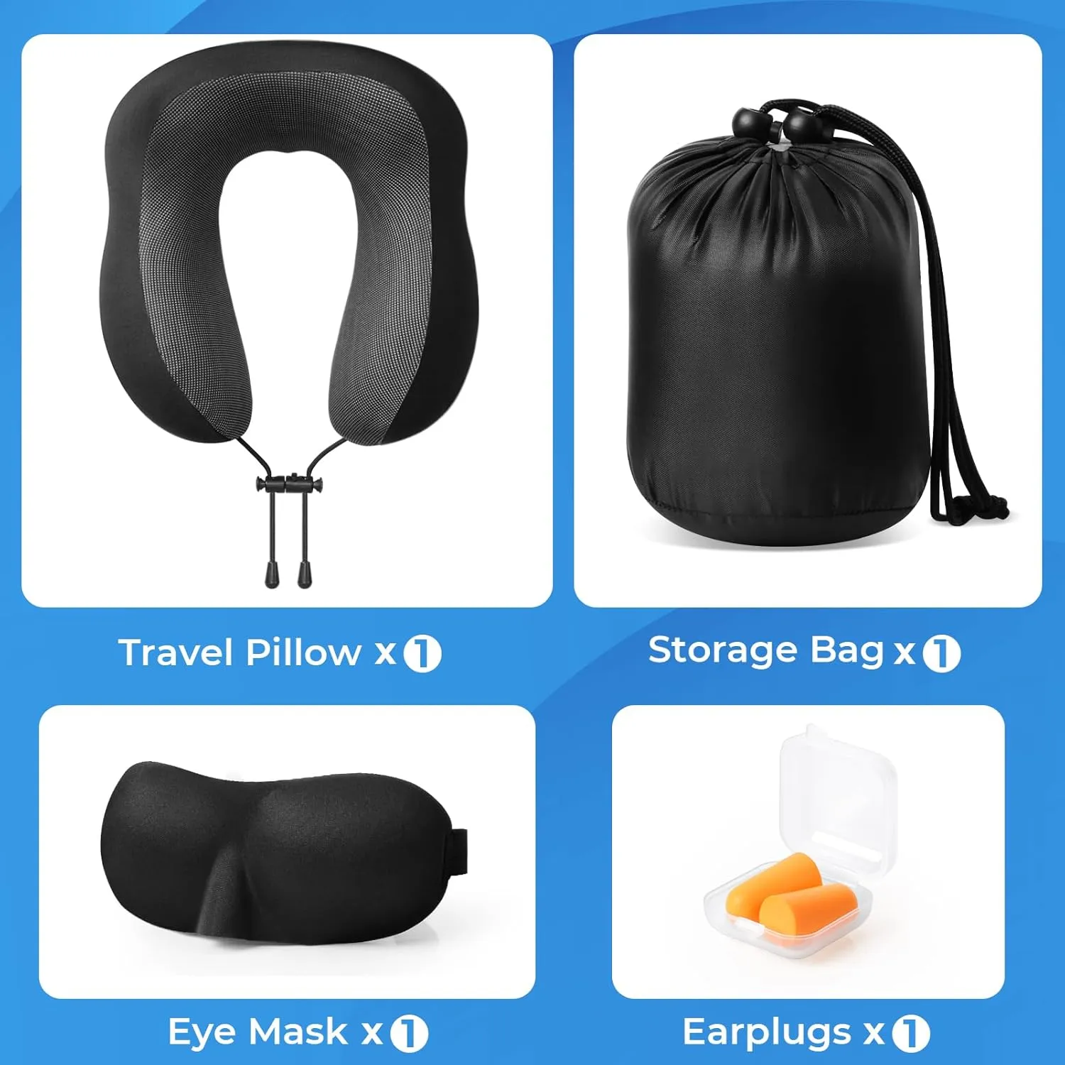 Travel Pillow, Travel Pillows for Sleeping Airplane, Removable Cover Neck Pillow with Adjustable Clasp, Memory Foam Neck Pillow Set with Eye Mask, Earplugs and Storage Bag (Black)