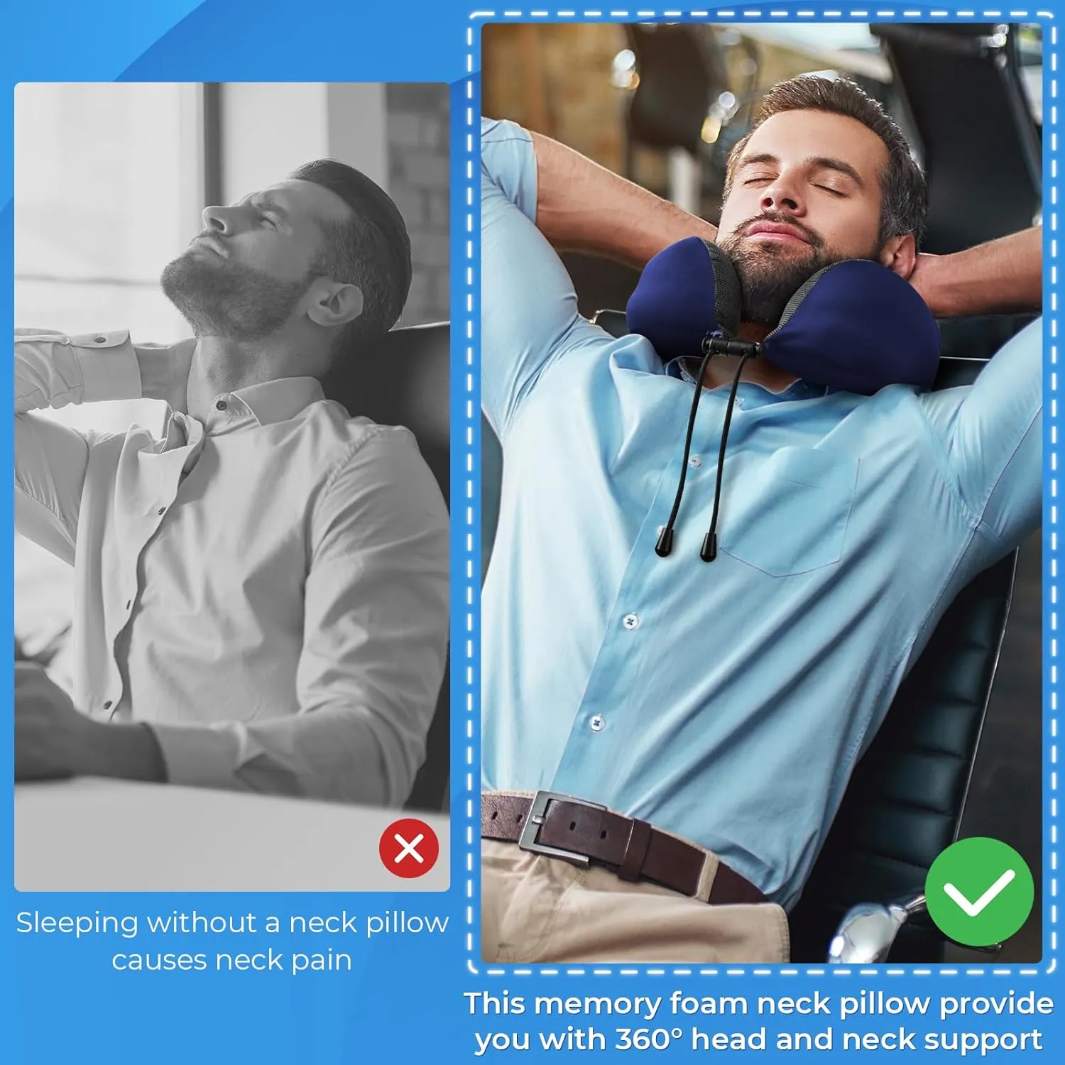 Travel Pillow, Travel Pillows for Sleeping Airplane, Removable Cover Neck Pillow with Adjustable Clasp, Memory Foam Neck Pillow Set with Eye Mask, Earplugs and Storage Bag (Blue)