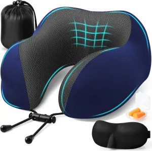 Travel Pillow, Travel Pillows for Sleeping Airplane, Removable Cover Neck Pillow with Adjustable Clasp, Memory Foam Neck Pillow Set with Eye Mask, Earplugs and Storage Bag (Blue)
