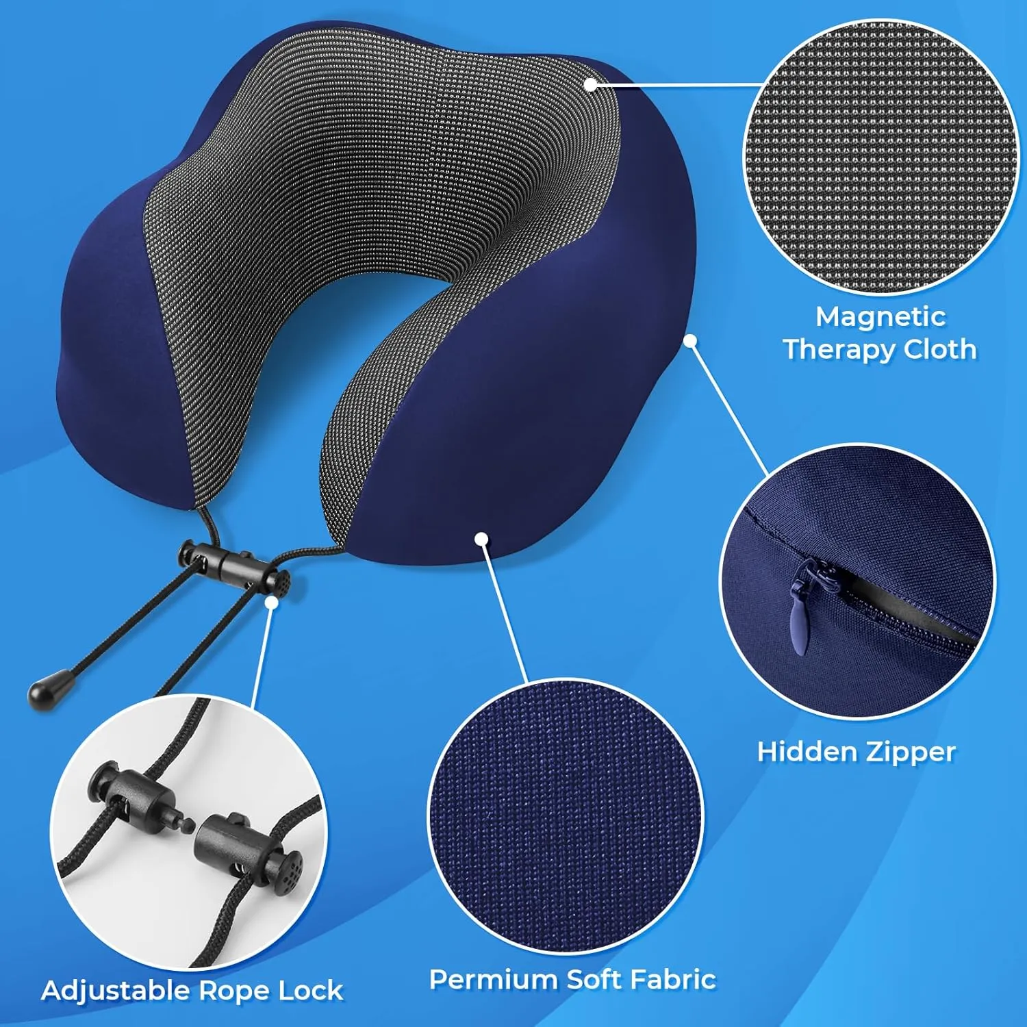 Travel Pillow, Travel Pillows for Sleeping Airplane, Removable Cover Neck Pillow with Adjustable Clasp, Memory Foam Neck Pillow Set with Eye Mask, Earplugs and Storage Bag (Blue)