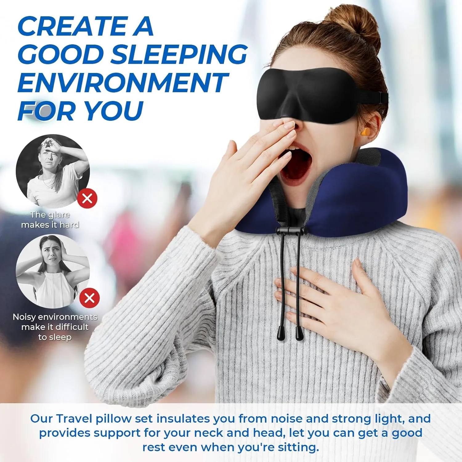 Travel Pillow, Travel Pillows for Sleeping Airplane, Removable Cover Neck Pillow with Adjustable Clasp, Memory Foam Neck Pillow Set with Eye Mask, Earplugs and Storage Bag (Blue)