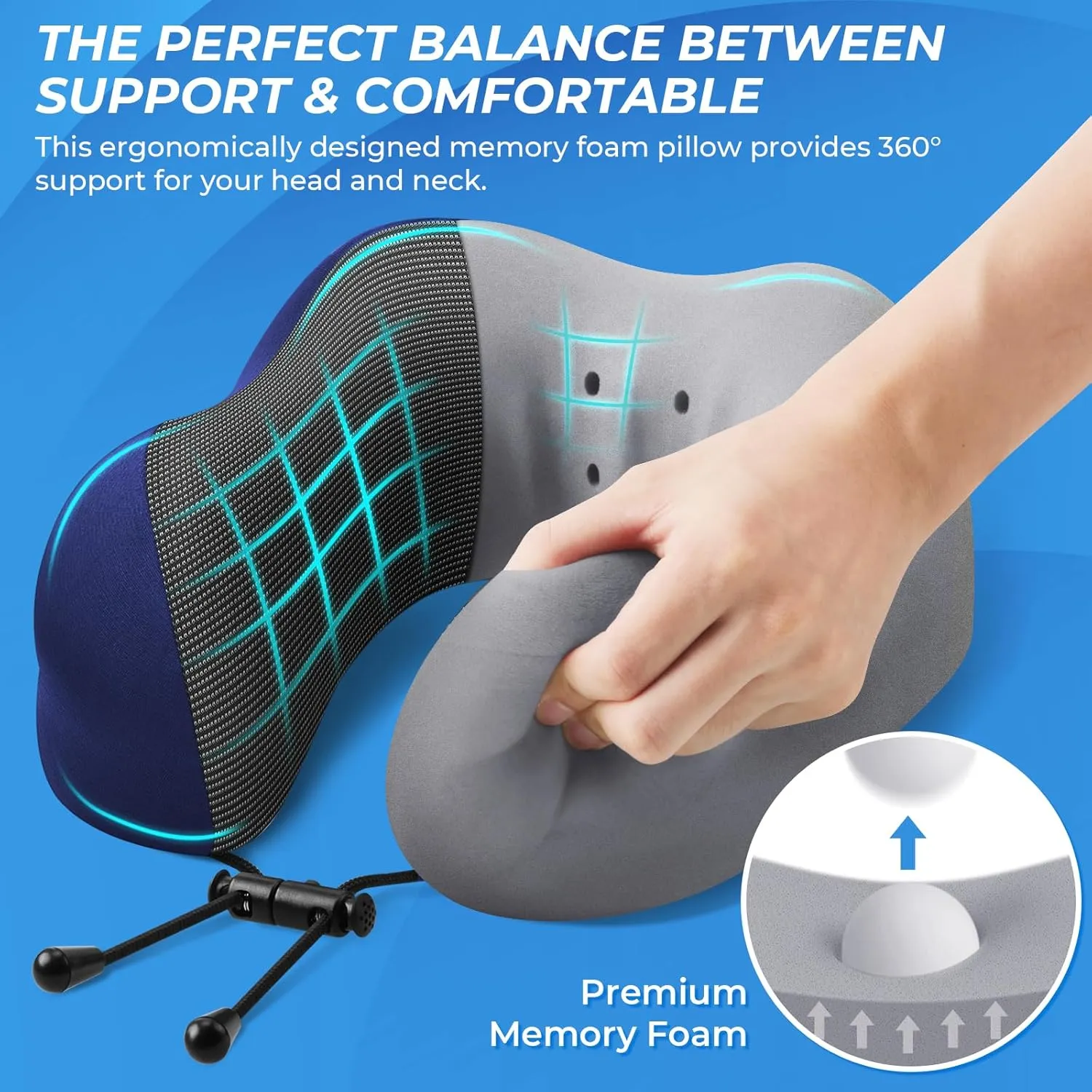 Travel Pillow, Travel Pillows for Sleeping Airplane, Removable Cover Neck Pillow with Adjustable Clasp, Memory Foam Neck Pillow Set with Eye Mask, Earplugs and Storage Bag (Blue)
