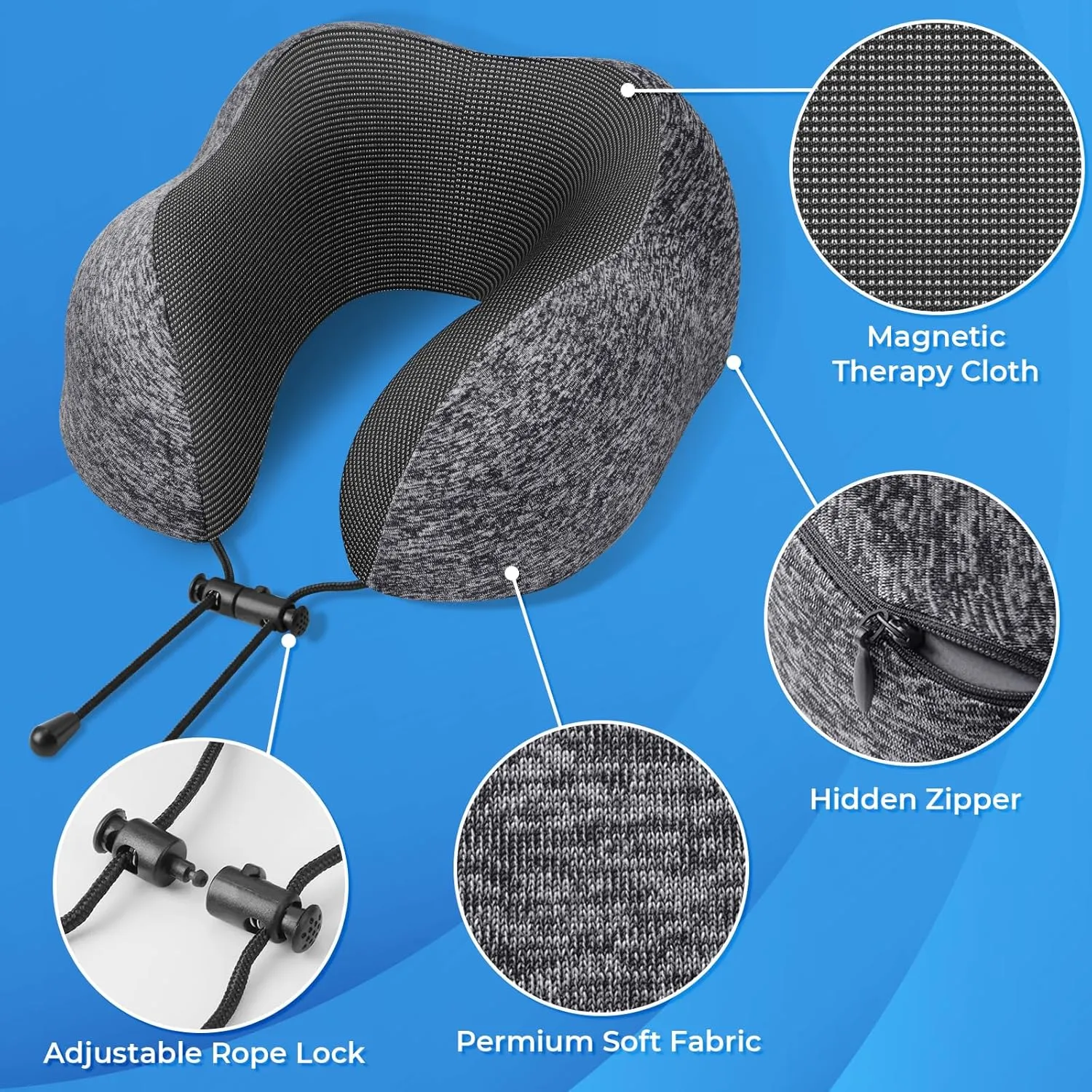 Travel Pillow, Travel Pillows for Sleeping Airplane, Removable Cover Neck Pillow with Adjustable Clasp, Memory Foam Neck Pillow Set with Eye Mask, Earplugs and Storage Bag (Dark Grey)