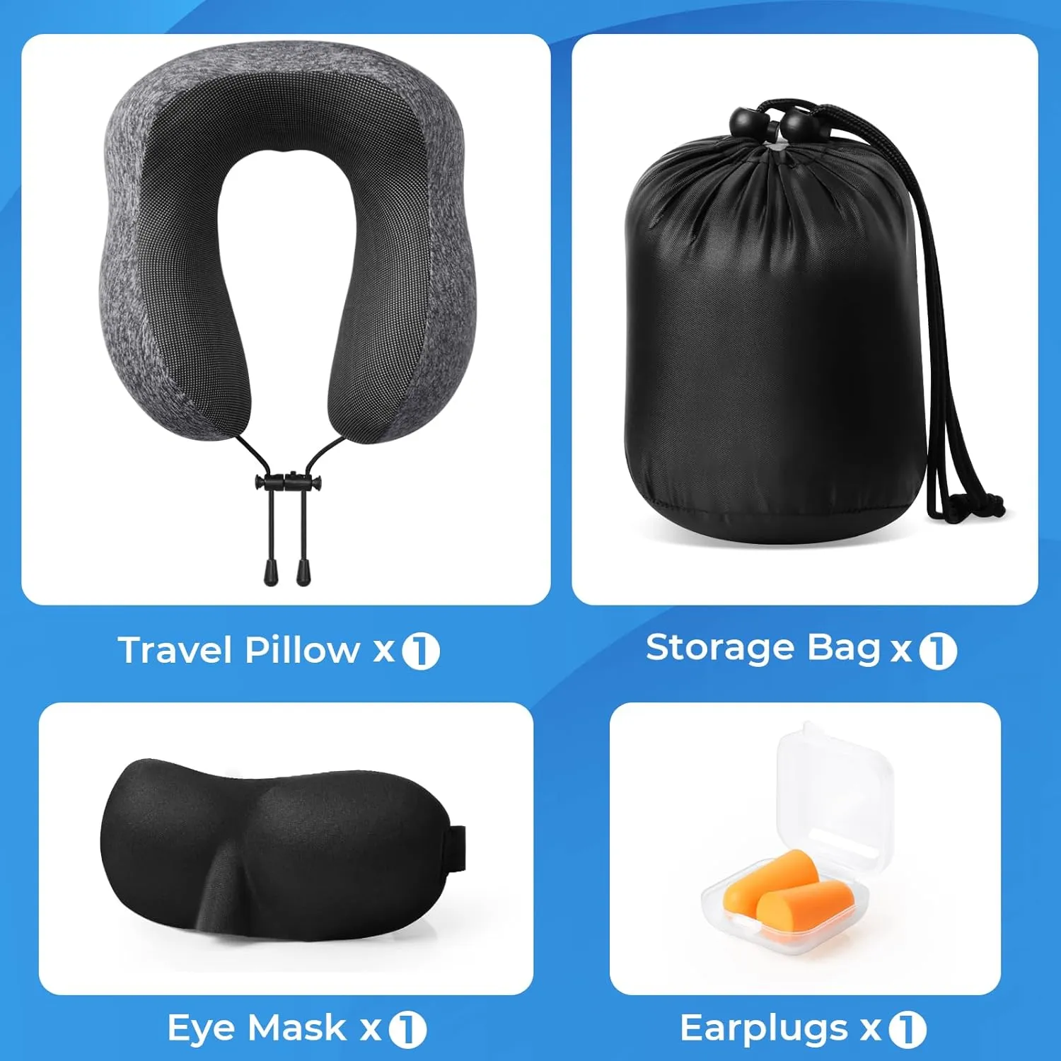Travel Pillow, Travel Pillows for Sleeping Airplane, Removable Cover Neck Pillow with Adjustable Clasp, Memory Foam Neck Pillow Set with Eye Mask, Earplugs and Storage Bag (Dark Grey)
