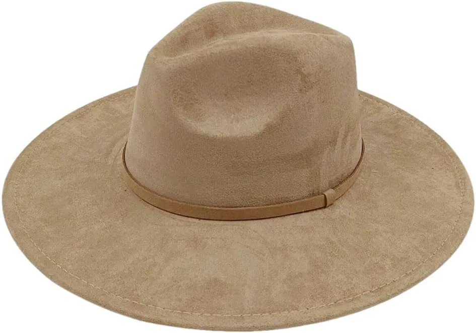 Women Big Wide Brim Fedora Hats Rancher Hat Suede Jazz Hat Party Dress Hats with Band Belt Unisex Solid Hats