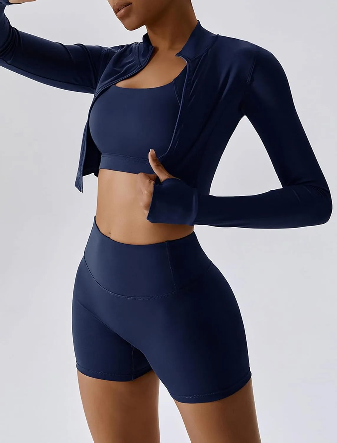 Workout Sets for Women 3 Piece High Waisted Seamless Shorts Crop Top Jacket Gym Yoga Outfit Stretchy Sports Bra Sets