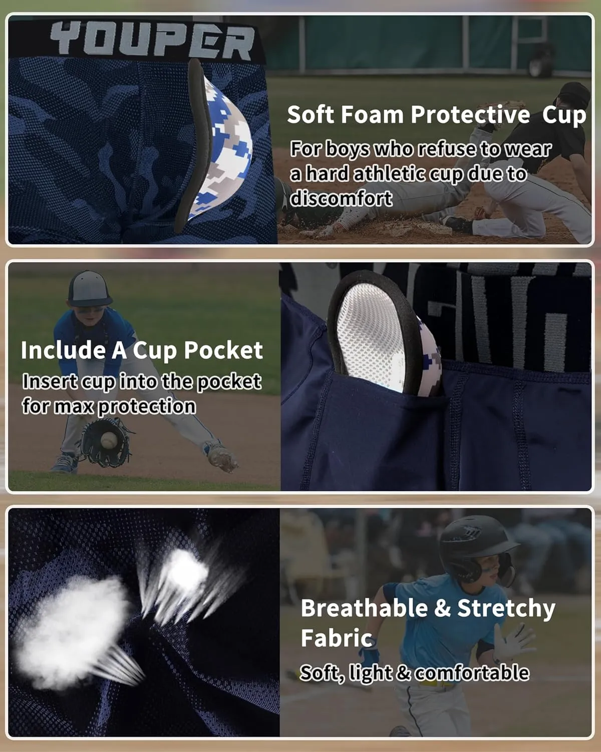 Youper 2 Pack Youth Brief with Soft Protective Athletic Cup, Youth Compression Underwear for Baseball & Football